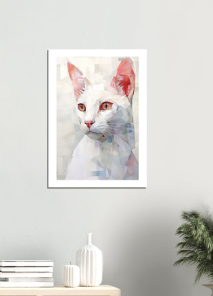 Whimsical Geometric White Cat Painting: A Stunning Artwork for Your Collection