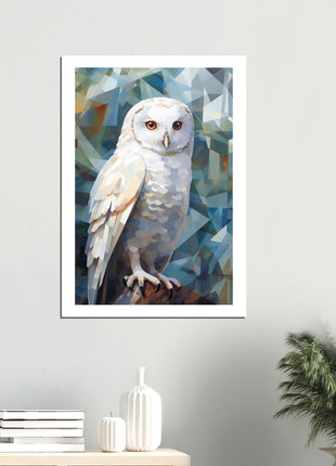 Geometric Harmony: Striking White Owl Poster with Artistic Flair