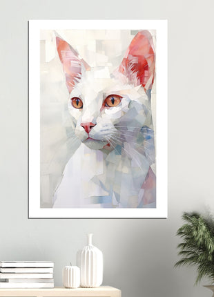 Whimsical Geometric White Cat Painting: A Stunning Artwork for Your Collection