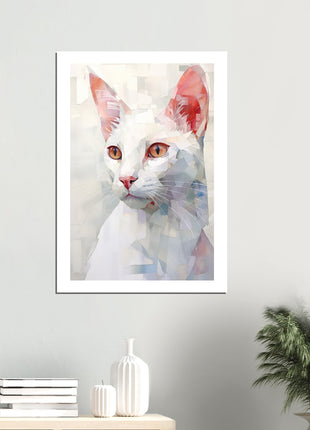 Whimsical Geometric White Cat Painting: A Stunning Artwork for Your Collection