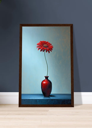 Red single flower in red vase poster