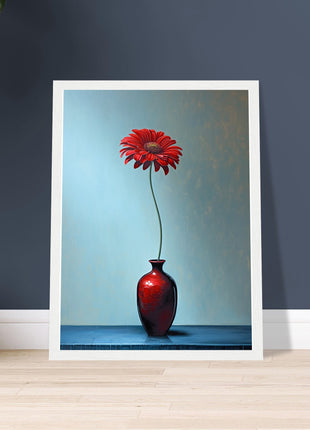 Red single flower in red vase poster