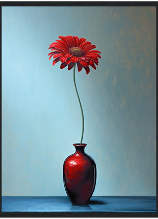 Red single flower in red vase poster