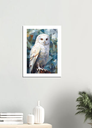 Geometric Harmony: Striking White Owl Poster with Artistic Flair