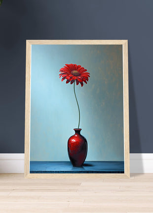 Red single flower in red vase poster