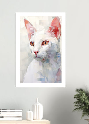 Whimsical Geometric White Cat Painting: A Stunning Artwork for Your Collection