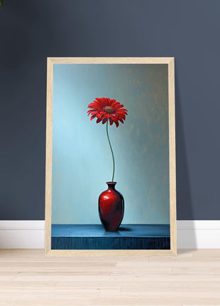 Red single flower in red vase poster