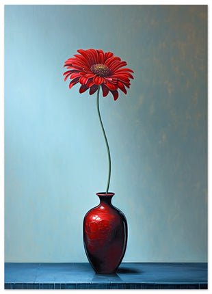 Red single flower in red vase poster