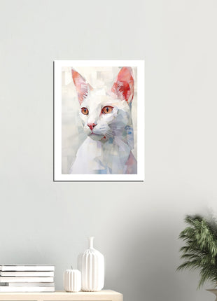 Whimsical Geometric White Cat Painting: A Stunning Artwork for Your Collection