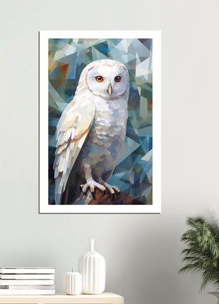 Geometric Harmony: Striking White Owl Poster with Artistic Flair