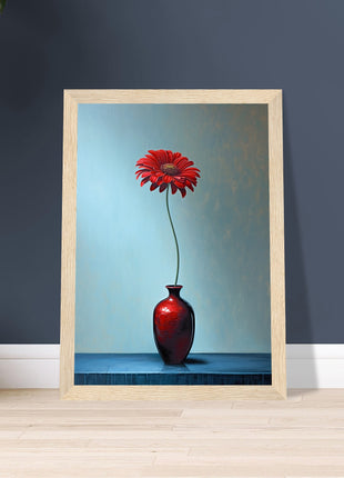 Red single flower in red vase poster