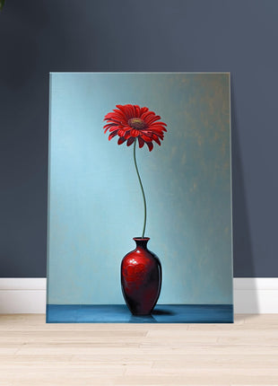 Red single flower in red vase poster