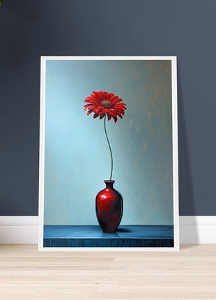 Red single flower in red vase poster